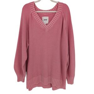Aerie Vintage Cotton V Neck Sweater Women XL Pink Oversized Boho Comfy Lounge